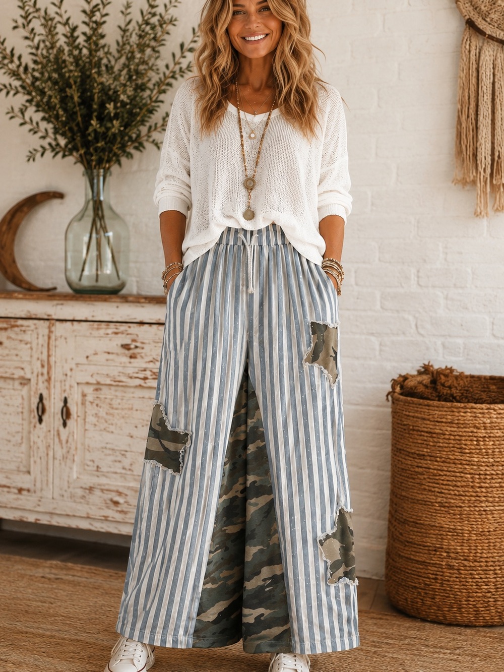 Striped Wide-Leg Pants with Camo Inset - White/Green. NWOT